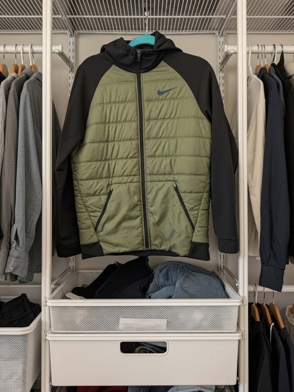 Nike Olive Green and Black Quilted Hooded Performance Jacket Size M